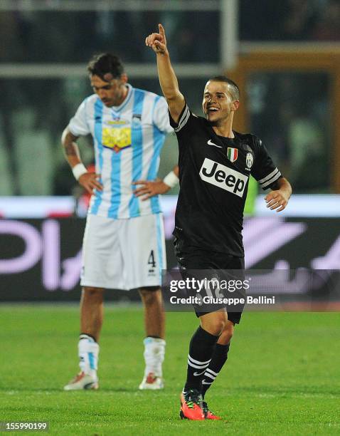 Sebastian Giovinco of Juventus celebrates after scoring the goal 1-4 during the Serie A match between Pescara and Juventus FC at Adriatico Stadium on...