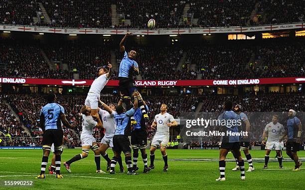 England and Fiji battle for the ball at a line out during the QBE international match between England and Fiji at Twickenham Stadium on November 10,...