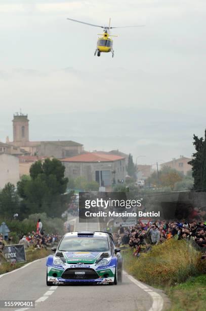 Jari Matti Latvala of Finland and Mikka Anttila of Finland compete in their Ford WRT Ford Fiesta RS WRC during Day Two of the WRC Spain on November...
