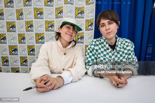 Musicians Tegan Quin and Sara Quin of Tegan and Sara pose during an autograph signing for their book Junior High on July 20, 2023 in San Diego,...