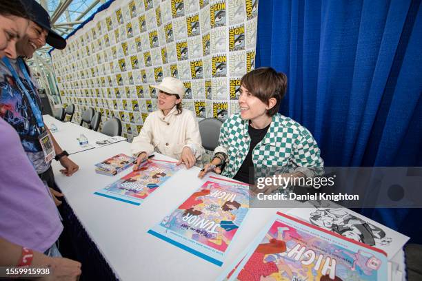 Musicians Tegan Quin and Sara Quin of Tegan and Sara sign autographs for their book Junior High on July 20, 2023 in San Diego, California.