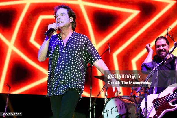 Pat Monahan and Hector Maldonado of Train perform in support of the band's "AM Gold" release at Basi Nationwide Amphitheater on July 20, 2023 in...