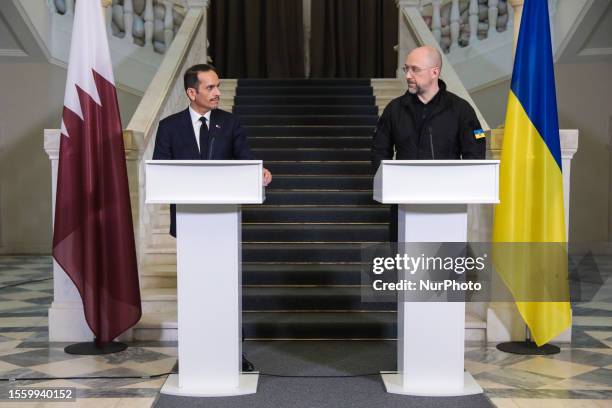 Prime Minister of Ukraine Denys Shmyhal and Prime Minister and Minister of Foreign Affairs of the State of Qatar Sheikh Mohammed bin Abdulrahman bin...