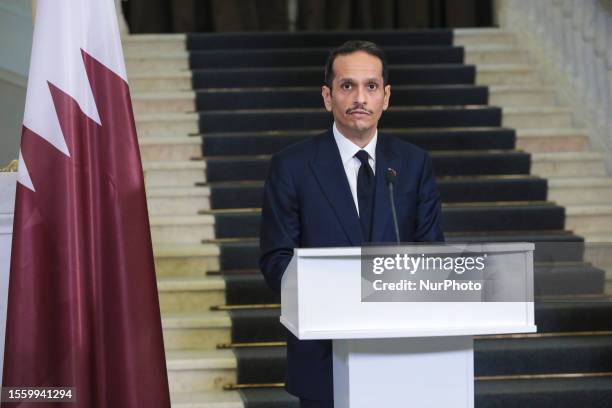 Prime Minister and Minister of Foreign Affairs of the State of Qatar Sheikh Mohammed bin Abdulrahman bin Jassim Al Thani attends a joint press...