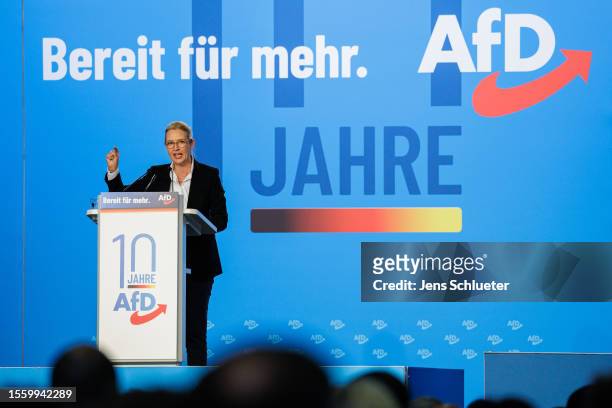 Leading members of the right-wing Alternative for Germany political party Alice Weidel speaks to the delegates the 2023 federal congress of the...
