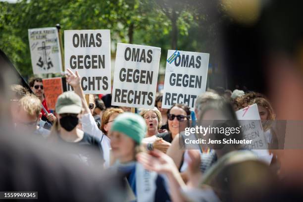 Protester against the 2023 federal congress of the right-wing Alternative for Germany political party on July 28, 2023 in Magdeburg, Germany. The...