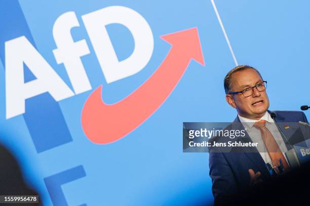 Leading members of the right-wing Alternative for Germany political party Tino Chrupalla speaks to the delegates the 2023 federal congress of the...