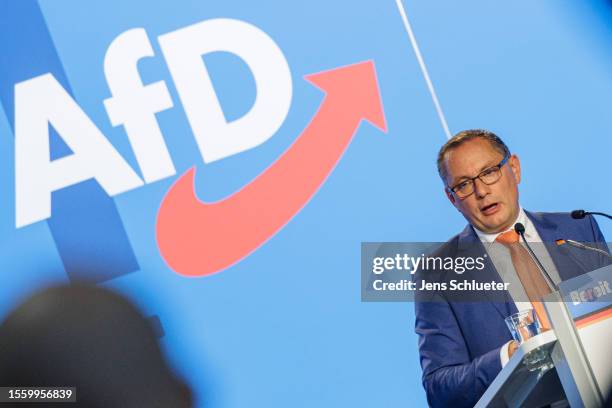 Leading members of the right-wing Alternative for Germany political party Tino Chrupalla speaks to the delegates the 2023 federal congress of the...