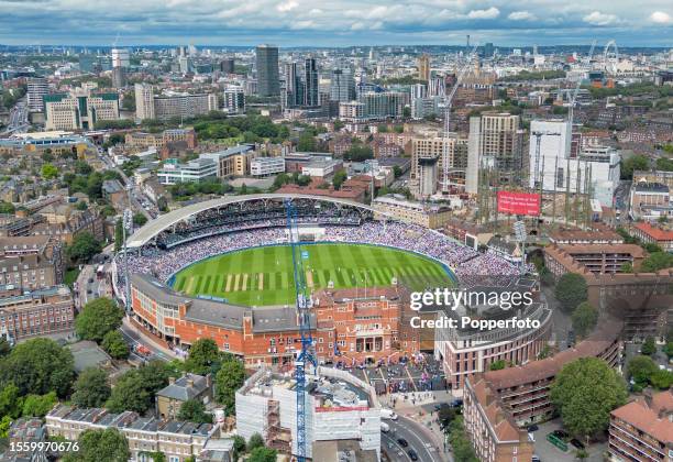 An aerial view of the Kia Oval cricket ground, seen from the pavilion end, during the second day of the 5th Test match between England and Australia...