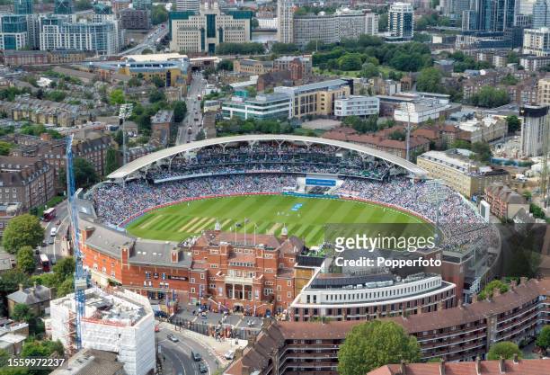 An aerial view of the Kia Oval cricket ground, seen from the pavilion end, during the second day of the 5th Test match between England and Australia...