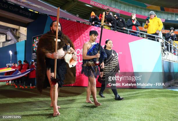 Maori Welcoming ceremony is held prior to the FIFA Women's World Cup Australia & New Zealand 2023 Group C match between Spain and Costa Rica at...