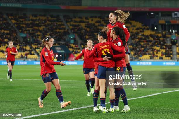 Spain players celebrate the team's first goal scored an own goal by Valeria Del Campo of Costa Rica during the FIFA Women's World Cup Australia & New...