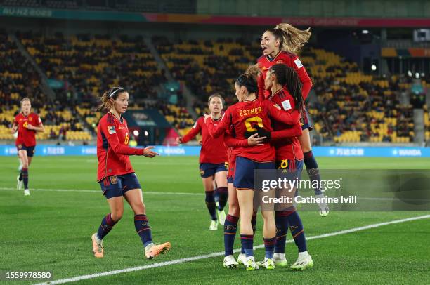 Spain players celebrate the team's first goal scored an own goal by Valeria Del Campo of Costa Rica during the FIFA Women's World Cup Australia & New...