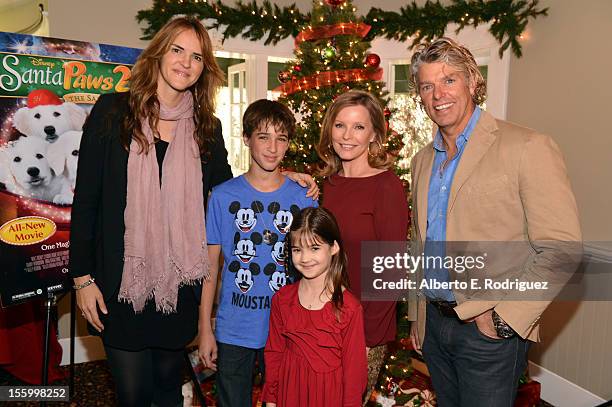 Writer Anna McRoberts, actors Josh Feldman, Kaitlyn Maher, Cheryl Ladd, and writer/director Robert Vince attend the "Santa Paws 2: The Santa Pups"...