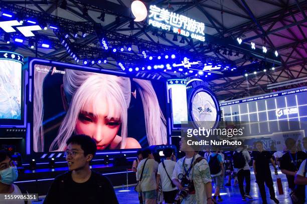 General view of visitors are seen in front of Perfect world games booth during the chinajoy 2023 at Shanghai new expo center in Shanghai, China on...