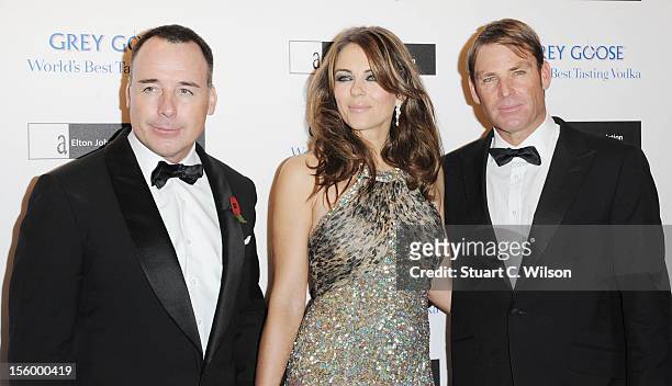David Furnish, Elizabeth Hurley and Shane Warne attend the Grey Goose Winter Ball at Battersea Power station on November 10, 2012 in London, England.