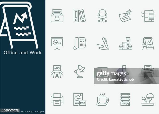 office and work related, head office, office desk, office, chair, coffee, document, computer mouse, clipboard, light, messaging, communication, email, water dispenser. for mobile and web.line icons - organized bookshelf stock illustrations