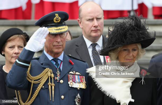 Camilla, Duchess of Cornwall and Prince Charles, Prince of Wales attend an Armistice Day Commemoration at the Auckland War Memorial on November 11,...