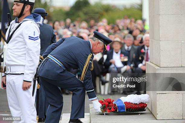 Prince Charles, Prince of Wales lays a wreath as he attends an Armistice Day Commemoration at the Auckland War Memorial on November 11, 2012 in...