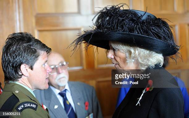 Camilla, Duchess of Cornwall meets with New Zealand war veteran Staff Sgt Kirsty Meynell after the Armistice Day Commemoration at the Auckland War...