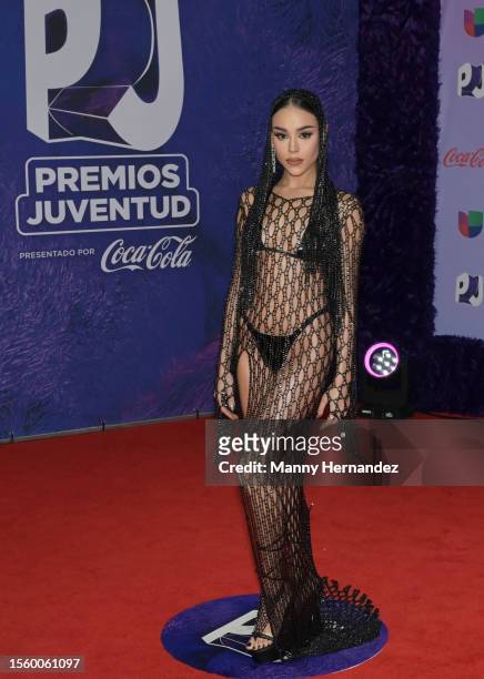 Danna Paola arrives at Premios Juventud 2023 at Coliseo de Puerto Rico José Miguel Agrelot on July 20, 2023 in San Juan, Puerto Rico.