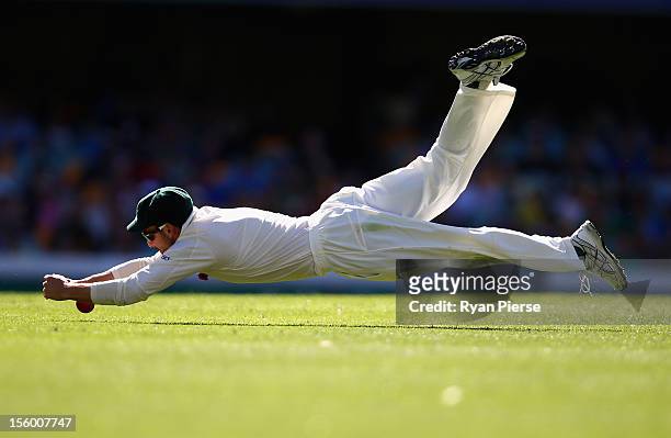 Ed Cowan of Australia drops a catch during day three of the First Test match between Australia and South Africa at The Gabba on November 11, 2012 in...