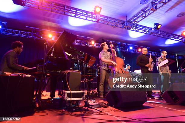 Aruan Oritz, Michael Janisch, Rudy Royston, Greg Osby and Raynald Colom perform on stage with Michael Janisch & Aruan Oritz Quintet during the London...