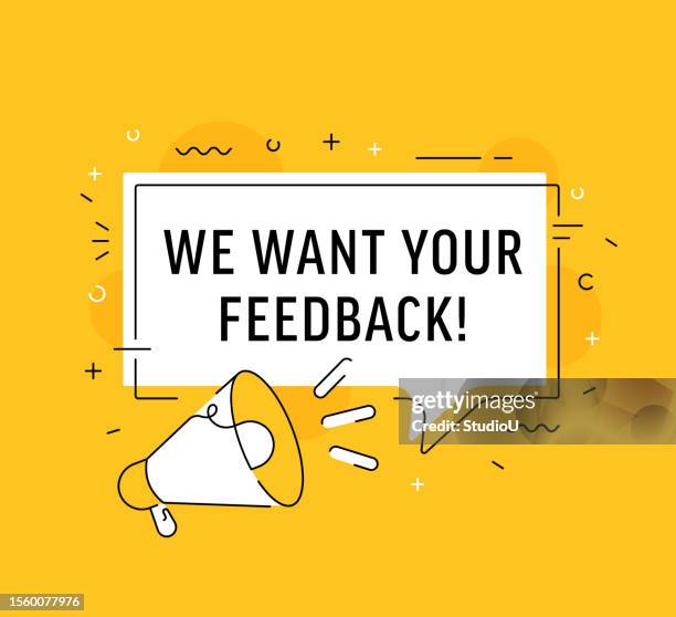 we want your feedback phrase in a speech bubble isolated on a yellow background - we want your feedback stock illustrations