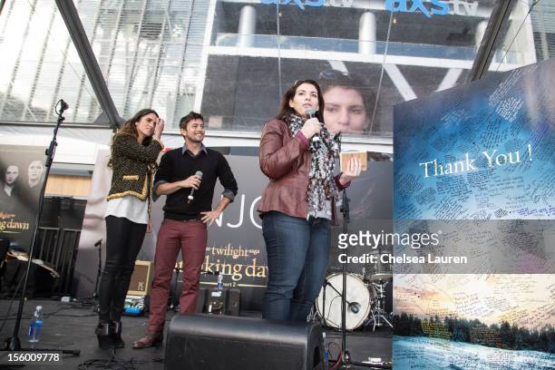 Actor Nikki Reed, actor Jackson Rathbone and author Stephenie Meyer attend the Twilight fan camp concert at L.A. LIVE on November 10, 2012 in Los...