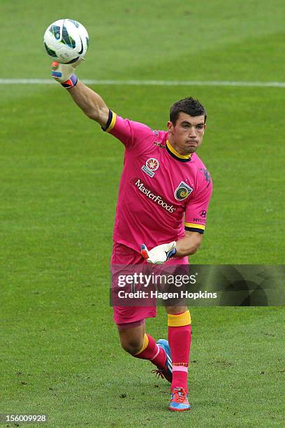 Mathew Ryan of the Mariners throws the ball during the round six A-League match between the Wellington Phoenix and the Central Coast Mariners at...