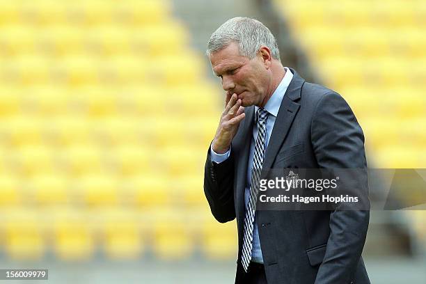 Coach Ricki Herbert of the Phoenix looks on during the round six A-League match between the Wellington Phoenix and the Central Coast Mariners at...