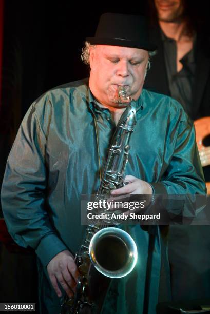 Tony Lakatos of Makoto Meets Lakatos performs on stage at Pizza Express Jazz Club during the London Jazz Festival 2012 on November 10, 2012 in...