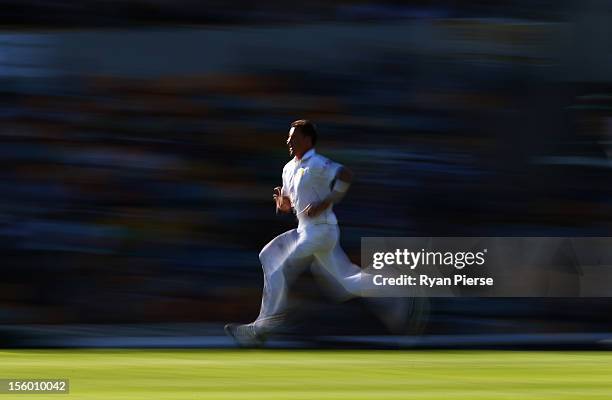 Dale Steyn of South Africa bowls during day three of the First Test match between Australia and South Africa at The Gabba on November 11, 2012 in...