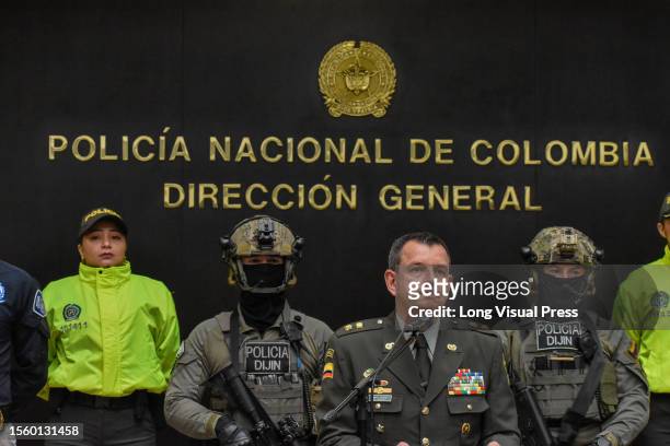 Colombian police Brigadier General Jose Luis Ramirez director of the Investigative Police during a press conference about the extradition process of...