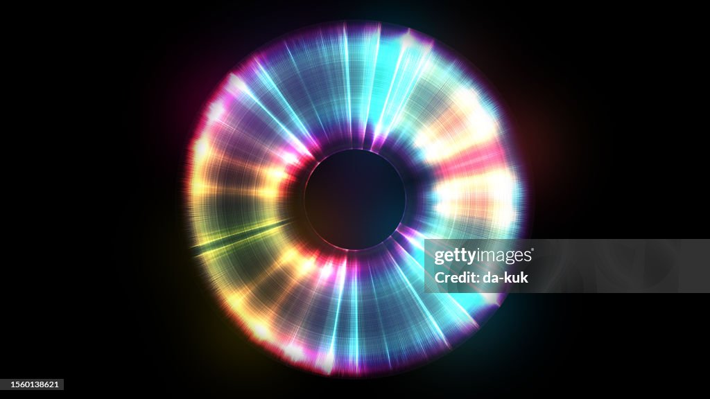 Abstract circular light trail dynamic shape on black background. 3D render