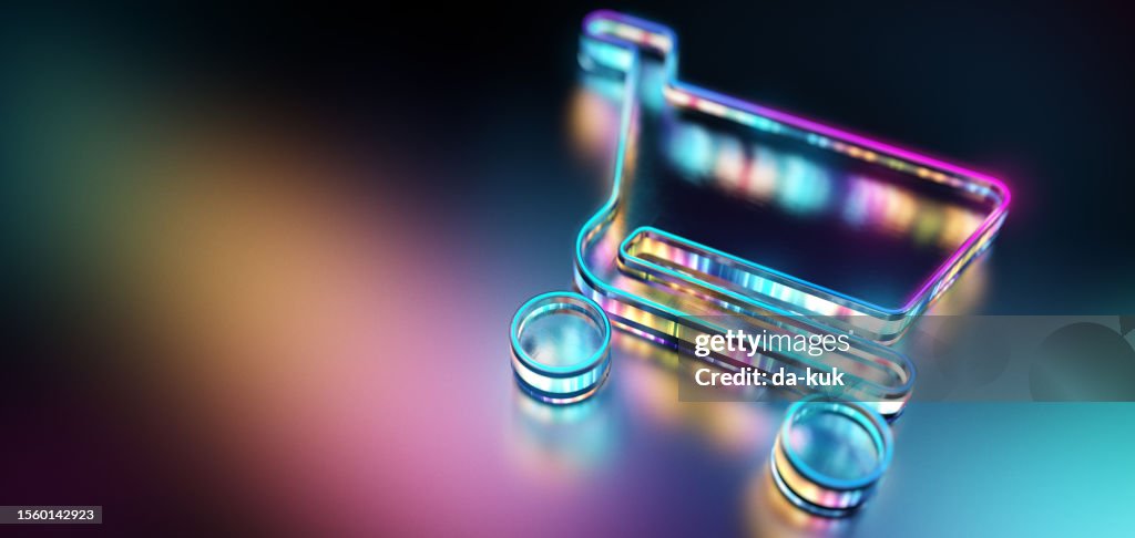 Online shopping modern background. Glowing shopping cart icon WEB3 colours. CGI 3D render