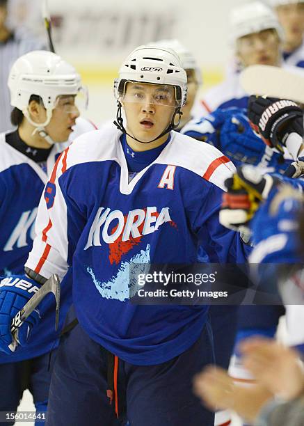 Kim Won Jung of South Korea celebrates winning the Ice Hockey Sochi Olympic Pre-Qualification Group J match between South Korea and Romania at Nikko...