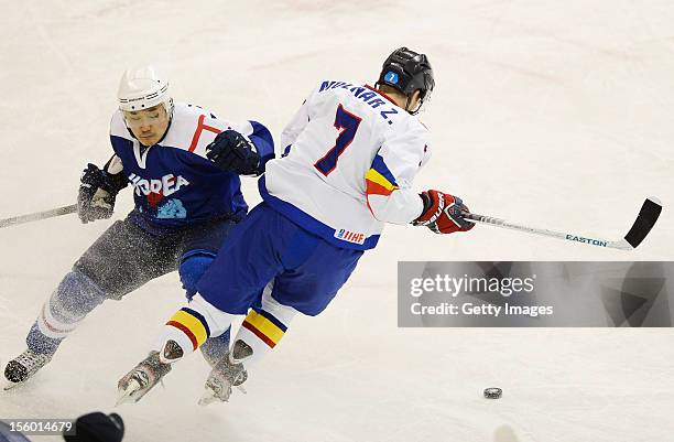 Zsolt Molnar of Romania skates during the Ice Hockey Sochi Olympic Pre-Qualification Group J match between South Korea and Romania at Nikko Kirifuri...