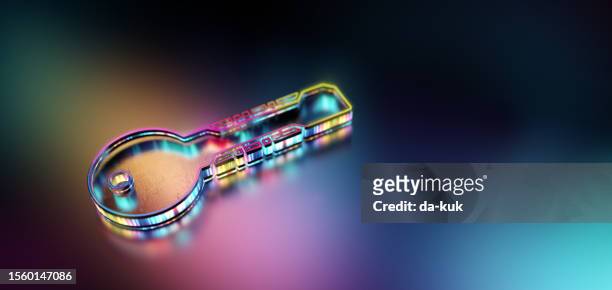 digital key authentication. modern technology background with futuristic key icon holographic code. cgi 3d render. - verify identity stock pictures, royalty-free photos & images