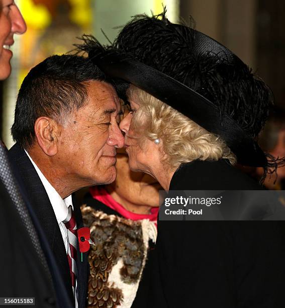 Camilla, Duchess of Cornwall is greeted with a traditional Hongi from Puke Warbrick at a Maori Welcome at the War Memorial Museum on November 11,...
