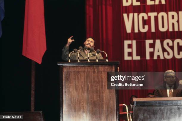 Fidel Castro , Prime Minister of Cuba, speaking at an indoor rally in Havanna, Cuba, May 1975.