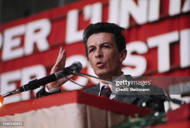 Leader of the Italian Communist Party Enrico Berlinguer speaking at a rally in Rome, Italy, May 3rd 1975.