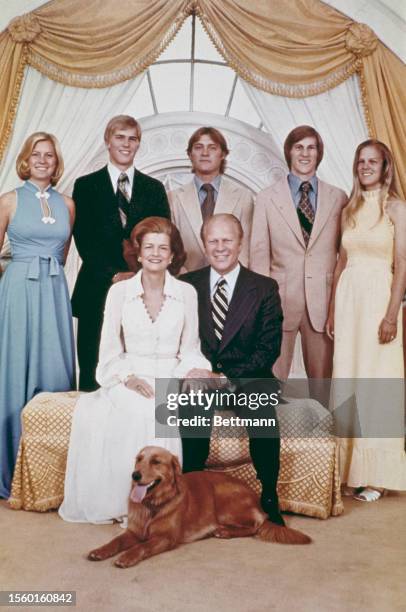 Photograph of the First Family taken at the White House in Washington, June 26th 1975. Left to right : Daughter Susan, sons Steve and Jack, son Mike...