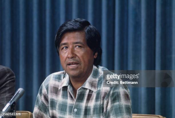 Cesar Chavez , leader of the United Farm Workers union, during a press conference in Sacramento, California, August 4th 1975.