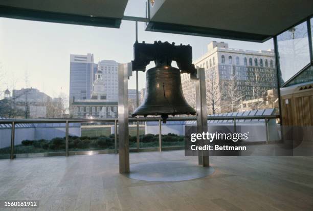 View of the American Liberty Bell on display in the Liberty Bell Pavilion in Philadelphia, Pennsylvania, January 9th 1976.