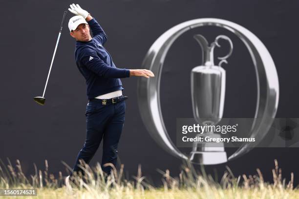 Nick Taylor of Canada tees off on the 1st hole on Day Two of The 151st Open at Royal Liverpool Golf Club on July 21, 2023 in Hoylake, England.