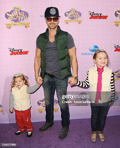 Actor Joey Lawrence and daughters Liberty Grace Lawrence and Charleston Lawrence attend the premiere of "Sofia The First: Once Upon a Princess" at...