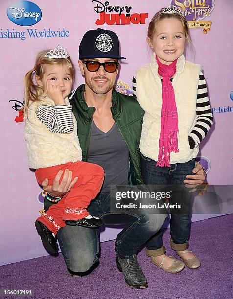 Actor Joey Lawrence and daughters Liberty Grace Lawrence and Charleston Lawrence attend the premiere of "Sofia The First: Once Upon a Princess" at...