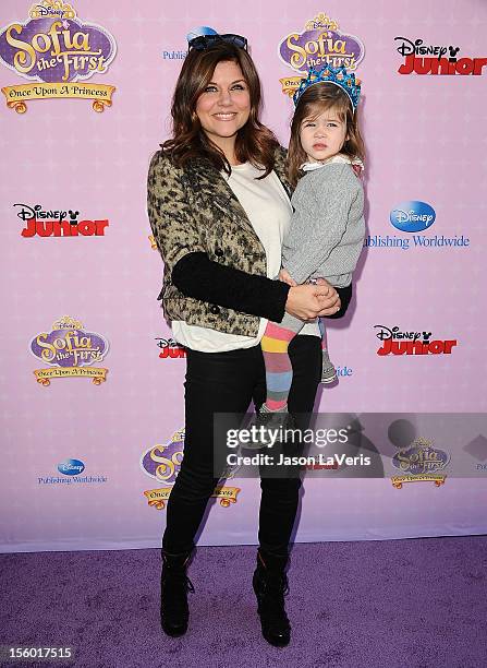 Actress Tiffani Thiessen and daughter Harper Renn Smith attend the premiere of "Sofia The First: Once Upon a Princess" at Walt Disney Studios on...