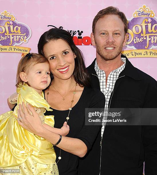 Actor Ian Ziering wife Erin Ludwig and daughter Mia Loren Ziering attend the premiere of "Sofia The First: Once Upon a Princess" at Walt Disney...